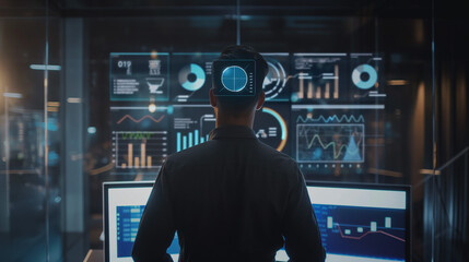 Poster - businessman or data analysis working with business data statistics using virtual reality technology,