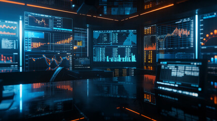 Poster - stock market performance data display on virtual screens, business or economy growth data statistics 