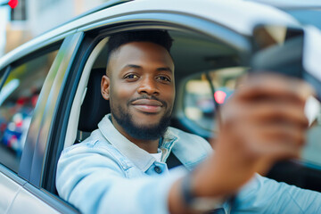 Wall Mural - Young african american man in a car taking a selfie with his phone.
