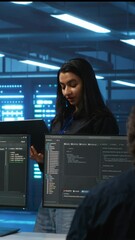 Poster - vertical video manager overseeing server room using laptop to do hardware troubleshooting, talking w