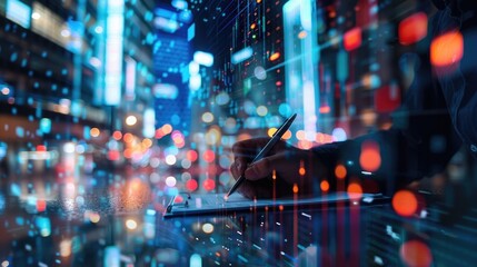 Businessman writing on document with pen over double exposure of stock market graph and cityscape at night, bokeh effect