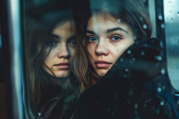 Wall Mural - Young woman looking out of the train window