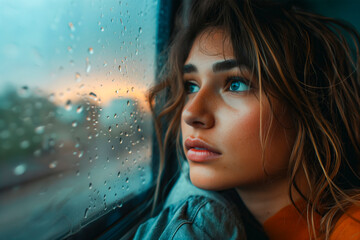 Wall Mural - Young woman looking out of the train window