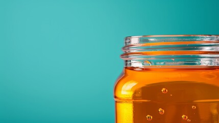 Close-up of orange liquid in a glass jar, isolated blue background, detailed and well-lit for promotional use