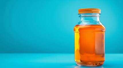 Close-up of orange liquid in a glass jar, isolated blue background, detailed and well-lit for promotional use