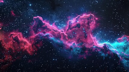 Wall Mural - A mesmerizing nebula cloud glowing in bright magentas and electric blues, with a glittering starry night sky providing a cosmic backdrop.