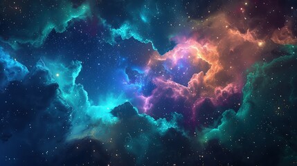 Wall Mural - A mesmerizing space galaxy illustration with glowing nebula clouds and starry night sky, blending rich blues, magentas, and emerald greens.