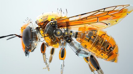 Close-up of a futuristic robotic bee with transparent wings and