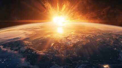 Earth's horizon seen from space with a massive nuclear detonation, bright light and enormous shockwave sweeping across the landscape