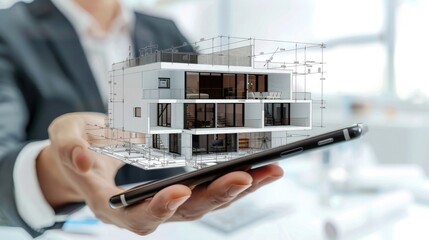 Wall Mural - Closeup of a businessman's hand holding a smartphone with a digital model and blueprints of a modern house on the screen, depicting a real estate concept. The digital model and blueprints are