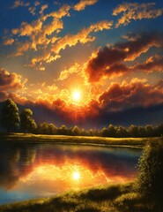 Wall Mural - sunset over the river