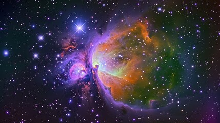 Wall Mural - A radiant nebula cloud in shades of purple, orange, and green, glowing brightly amidst millions of twinkling stars in a distant galaxy.