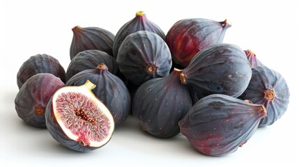 High-resolution image of a heap of fresh figs, one fig halved, isolated on white, studio lighting enhances textures