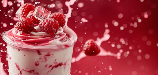 Creative food template, Raspberry and ice cubes splashing into milkshake, Dark red gradient background, High detail, Copy text space