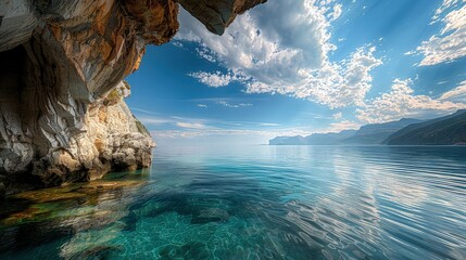 A secluded cove basking in the glow of the midday sun, where subtle clouds drift above the calm turquoise water.