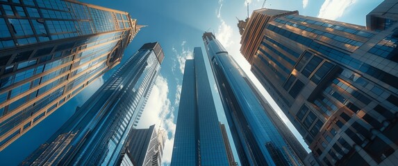 Wall Mural - Stunning shot of tall skyscrapers with a blue sky in the background, taken with a wide angle and low angle perspective