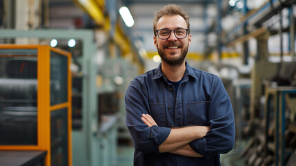 Poster - portrait of a smiling engineer standing in modern manufacturing factory plant 