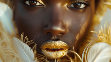 Poster - A beautiful feminine face with gold metallic make-up and feathers. 