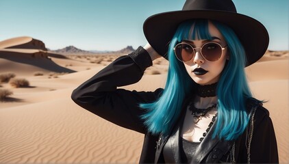 Wall Mural - beautiful young goth girl on desert background fashion portrait posing with hat and sunglasses