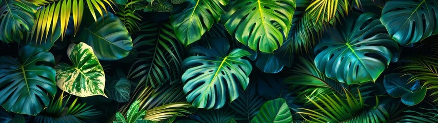 Wall Mural - Background Tropical. Within the lush canopy, the rainforest takes on the appearance of a natural cathedral, with its towering trees and dense undergrowth crafting a majestic and awe-inspiring.