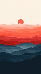 Wall Mural - Minimalist Sunset Sunrise Mountain Landscape Abstract Artwork Background Concept, Travel Tourism Web Graphic Wallpaper, Vertical 9:16 Digital Gradient Art Backdrop