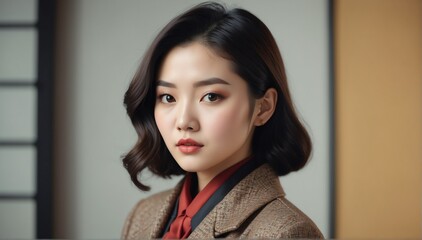 Wall Mural - pretty young asian woman model retro fashion portrait posing in studio background