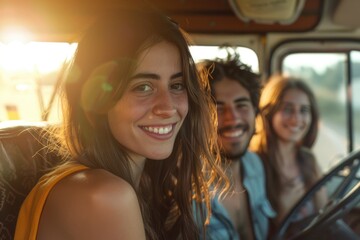 Wall Mural - Young woman in the car, smiling at the camera