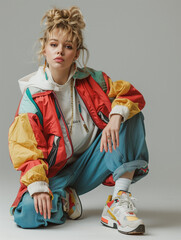 Young woman in colorful retro outfit crouching, showcasing streetwear fashion