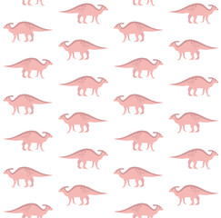 Wall Mural - Vector seamless pattern of flat hand drawn pink parasaurolophus dinosaur isolated on white background