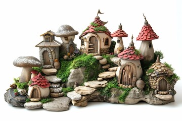 Wall Mural - Miniature fairy village, isolated on white