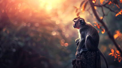 A monkey is sitting on a log in a forest wallpaper