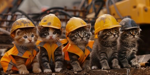 Wall Mural - A group of cute kittens wearing construction worker hard hats