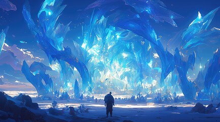 A person standing in an icy cave, gazing at the horizon where there is no light except for faint blue electric lights emanating from some energy source, creating a surreal and dreamlike atmosphere. Th