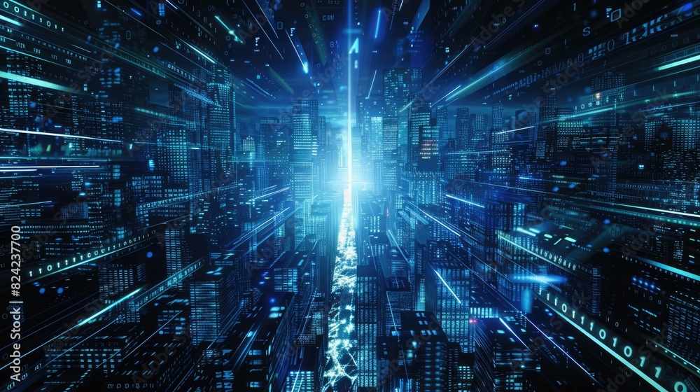 A futuristic cityscape with skyscrapers and digital data streams ...