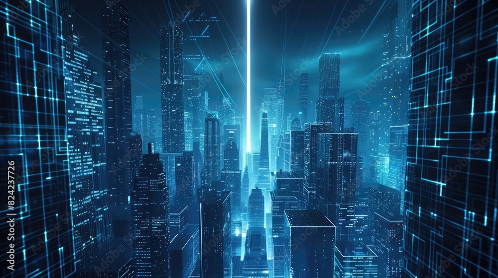 A futuristic cityscape with skyscrapers and digital data streams ...