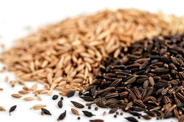 Wall Mural - macro closeup of cumin and caraway seeds isolated on white background food photography