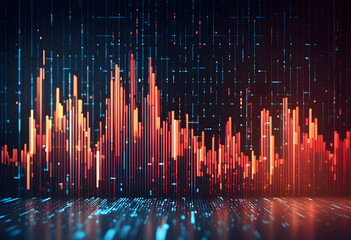 Poster - A digital abstract background featuring a vibrant, multicolored bar graph with red and blue bars. The bars are set against a dark backdrop with scattered light dots, creating a futuristic feel.