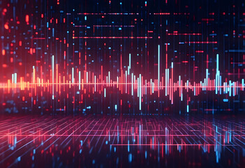 Poster - Abstract digital soundwave visualization with red and blue bars on a dark background. The image represents data, technology, and audio analysis.