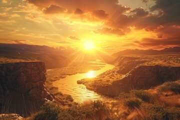 Wall Mural - majestic canyon at sunset with sun over stone wasteland 3d rendering landscape