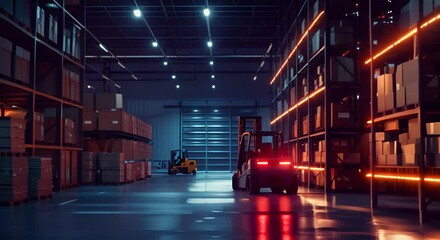 Canvas Print - Night scene in a warehouse where autonomous forklifts continue working, illuminated by LED lights,