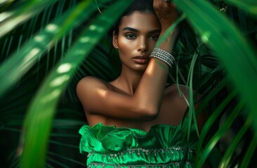 Wall Mural - Vogue photoshoot of gorgeous supermodel wearing an emerald green dress and silver bracelet in the middle of palm trees