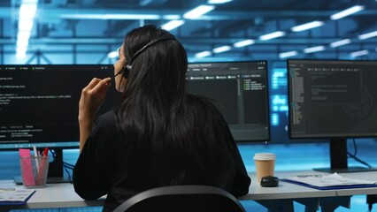 Poster - computer scientist upgrading equipment in data center, wearing headphones to listen music. programme