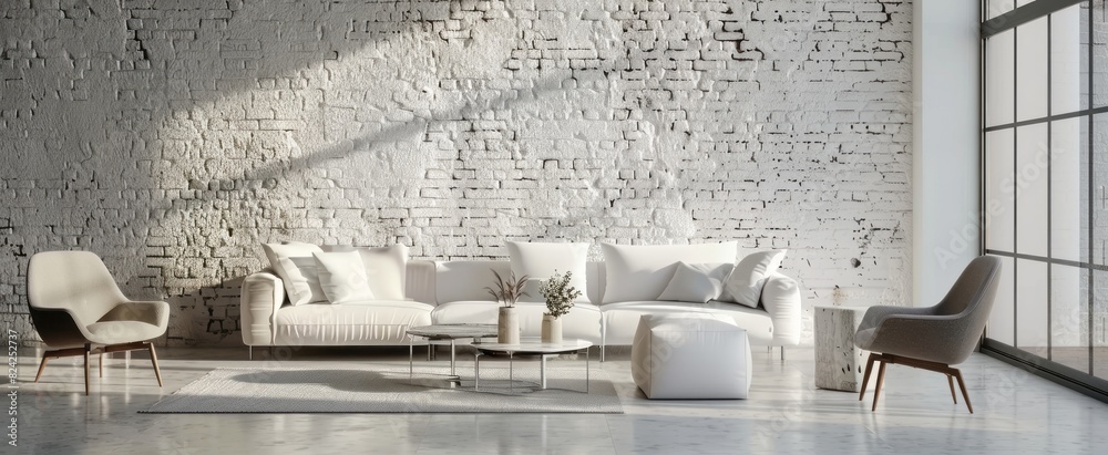 White brick wall with white stone effect, minimalist interior design of ...