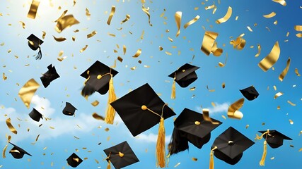 Wall Mural - With blue skies in the background, a banner with graduation caps thrown aloft and golden foil confetti is seen. Greetings, grads. A horizontal vector illustration with copy space.