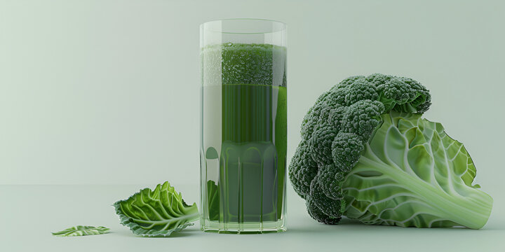 A glass of kale juice with a green liquid in it. Glass with green smoothie and vegetables leaves flowers isolated on white background. 

