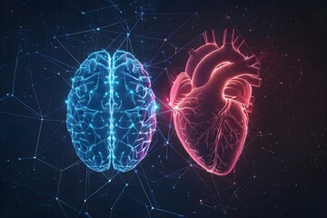 Human brain and a human heart, both depicted in a hologram wireframe style.