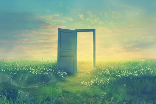 An open door standing in the middle of an endless green field, with light streaming through it onto the grass and flowers below. The sky is painted in soft pastel colors.