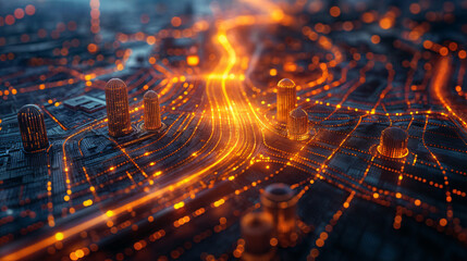 GPS device projecting realistic technology highway maps in a holographic fashion, teal, orange, navy blue. Digital cityscape background at night, illuminated by lots of orange lights.