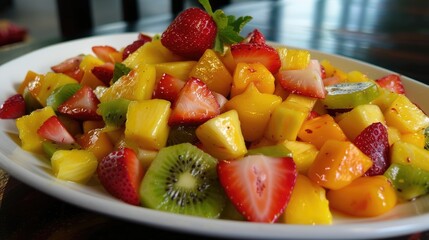 Sticker - Vibrant Tropical Fruit Salad A burst of colors and flavors including mango pineapple kiwi and strawberries creating a joyful experience with every bite