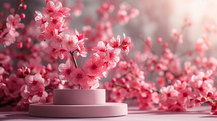 Wall Mural - C4D Peach blossom round e-commerce booth background
